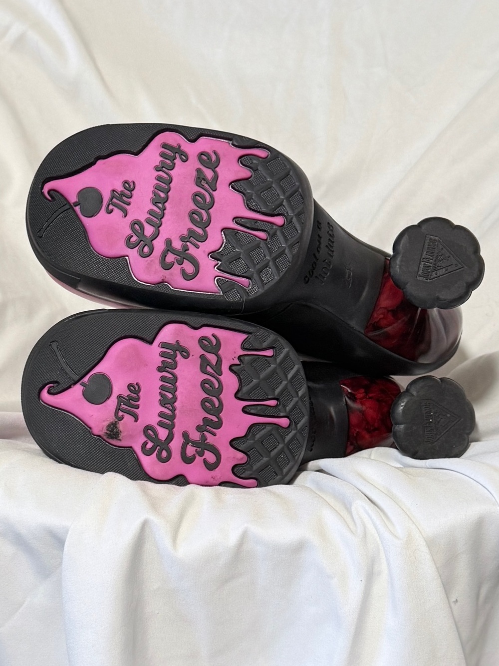 John Fluevog Shoes Sova Sundae Berry Heeled Platform Lace-Up Shoes Pink/Black - Picture 6 of 6
